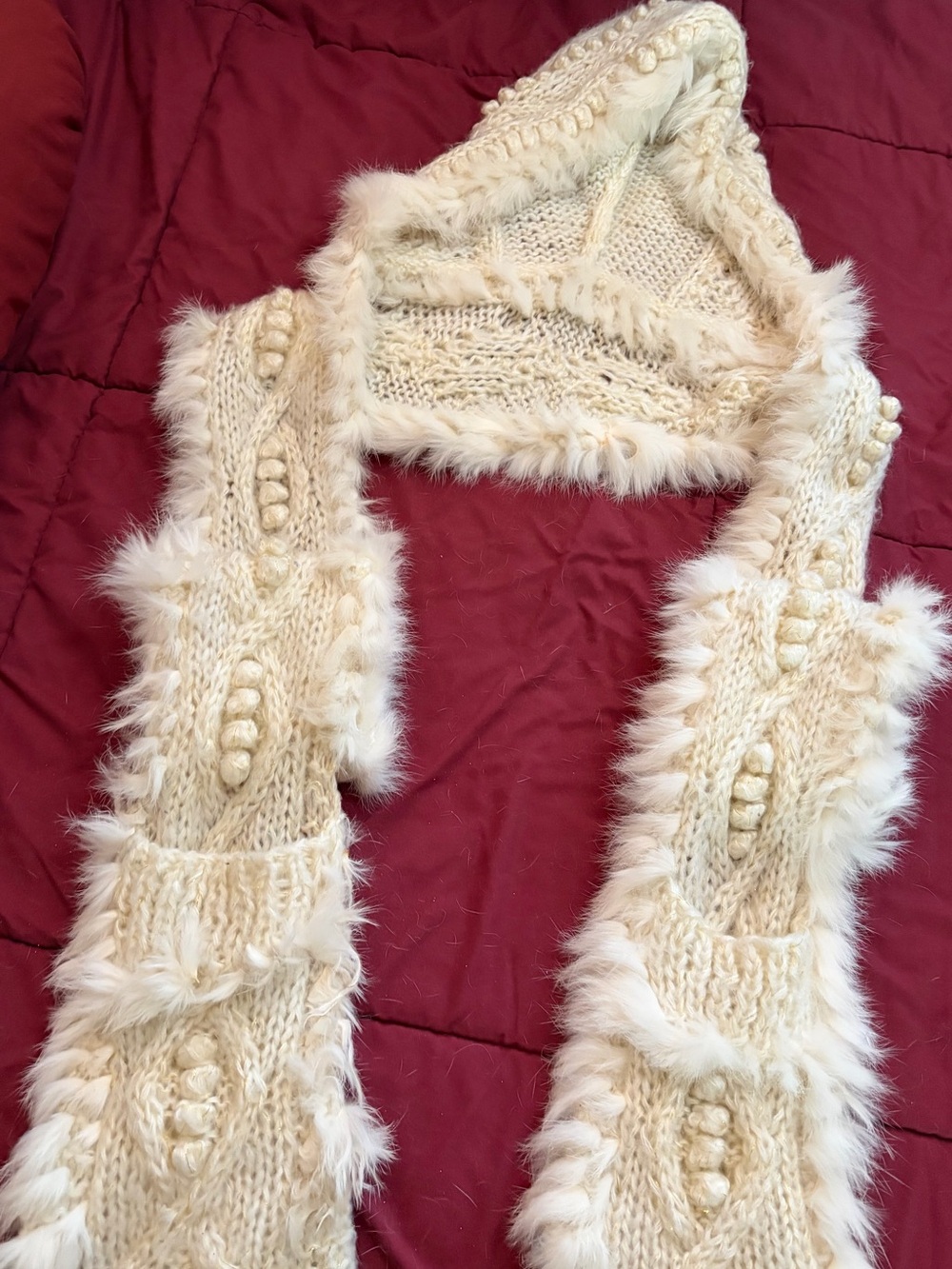 Cream Angora Knit Hooded Scarf w/pockets